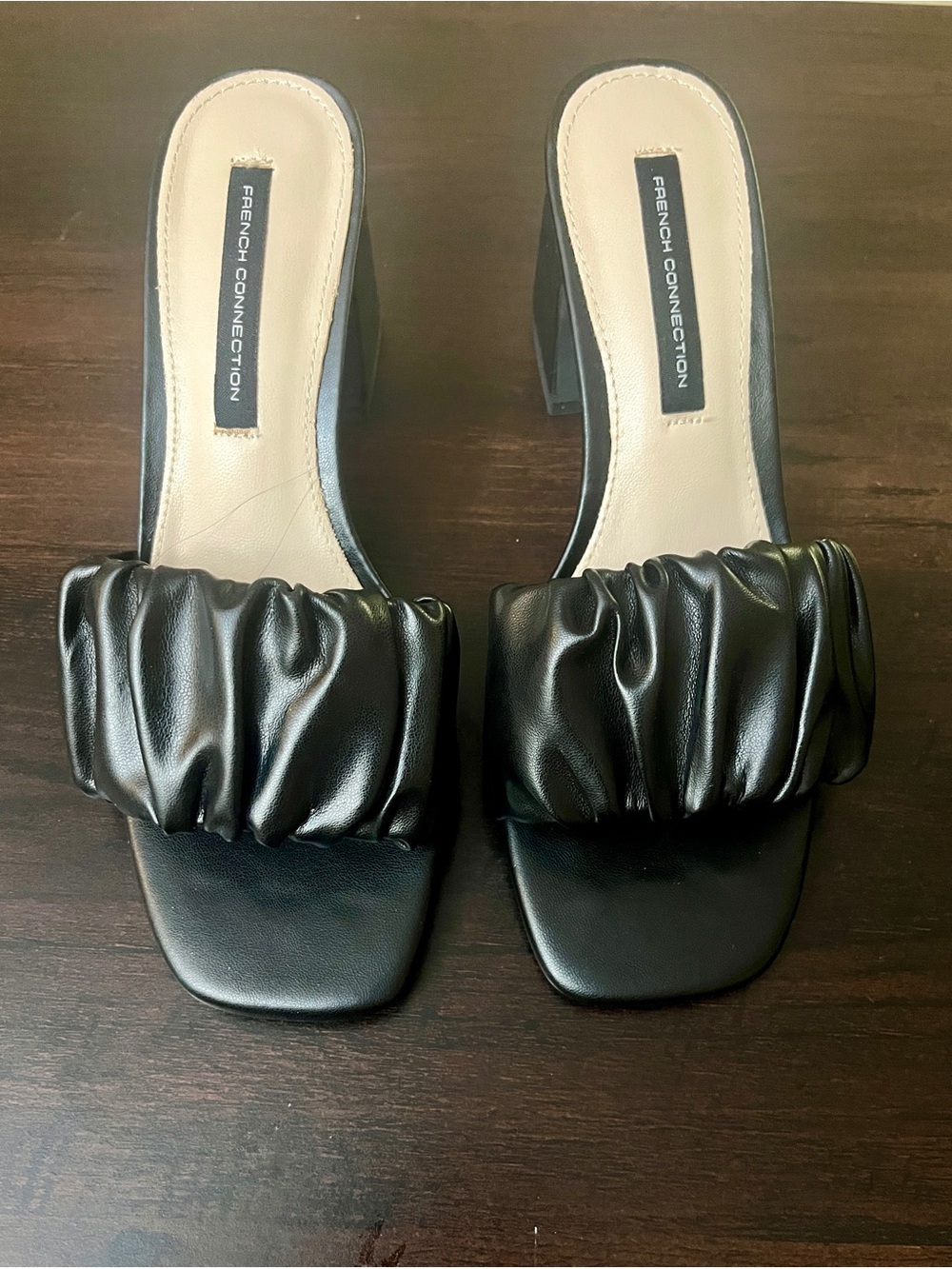French Connection Black Ruched Slide Sandals